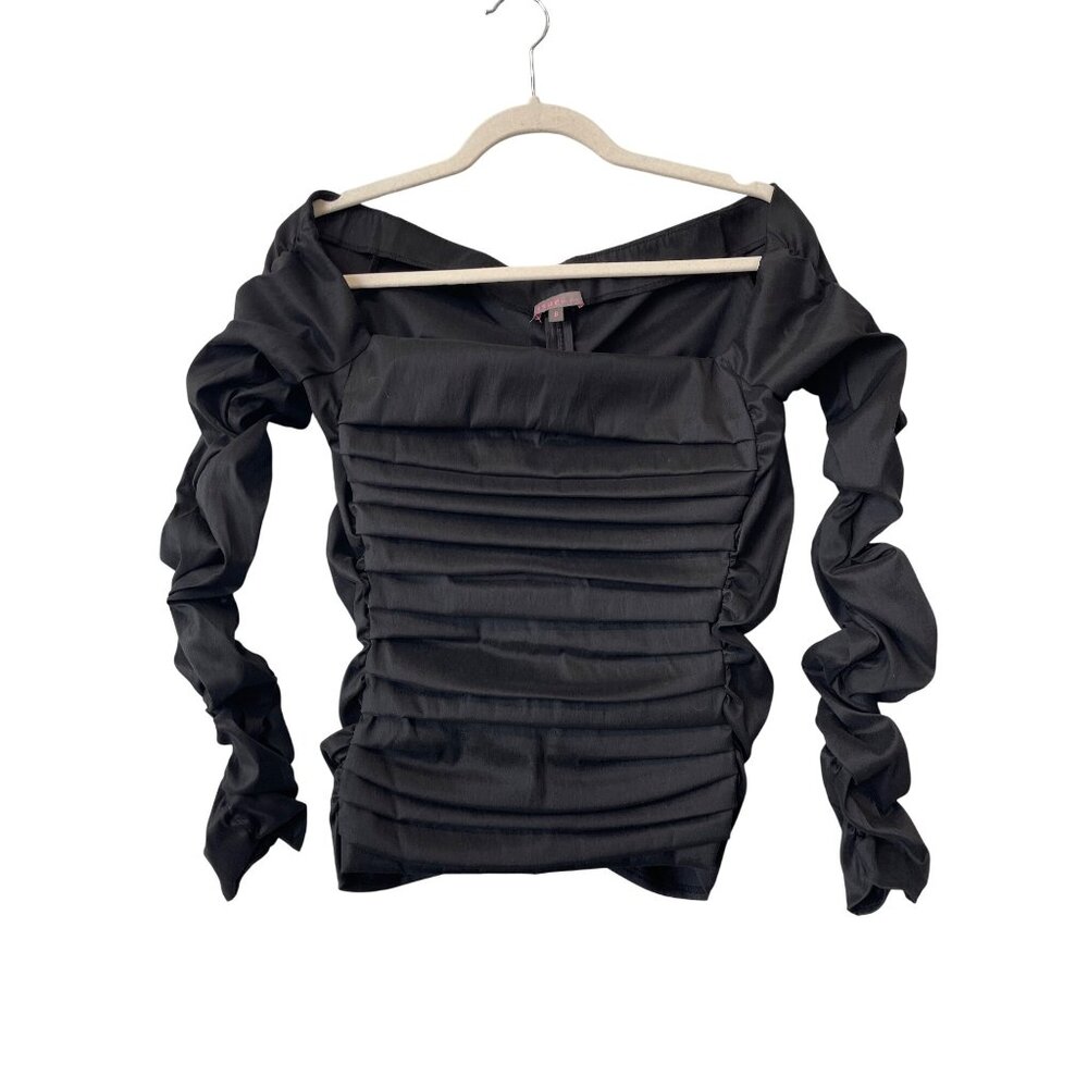 Issue New York Ruched Top Size 8 Square Neck Long Sleeve Solid Black Party Chic